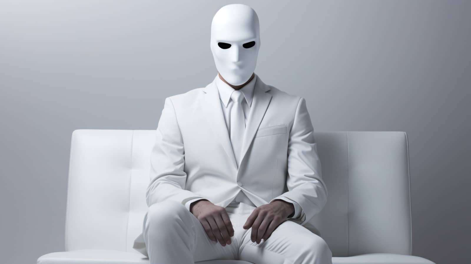 anonimowy mężczyzna ubrany cały na biało w białej masce
    
