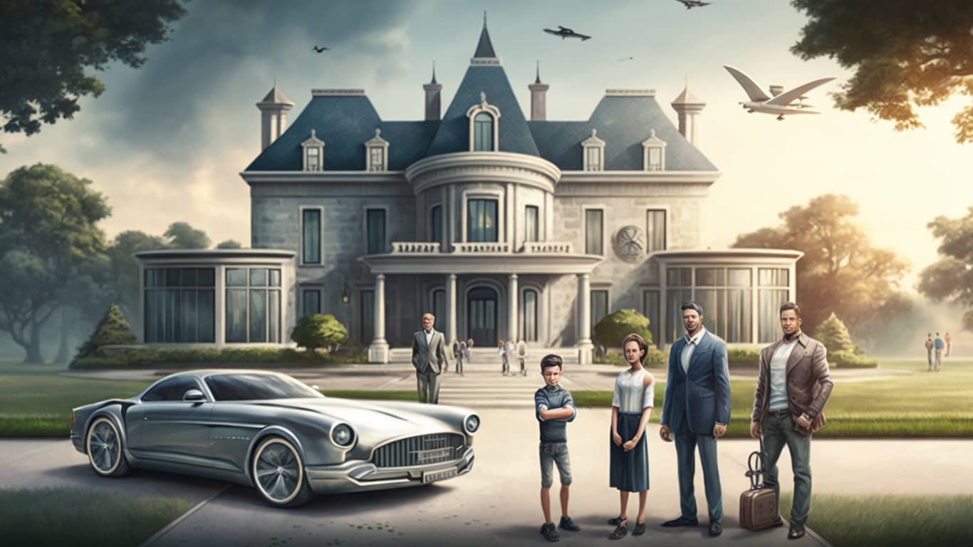 na pierwszym planie luksusowy samochód oraz członkowie rodziny, w tle dzieci stoją przed kosztowną posiadłością
