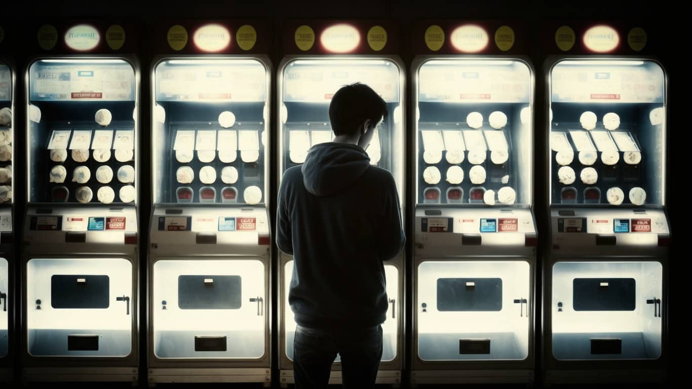 mężczyzna stoi przed szeregiem automatów do gry