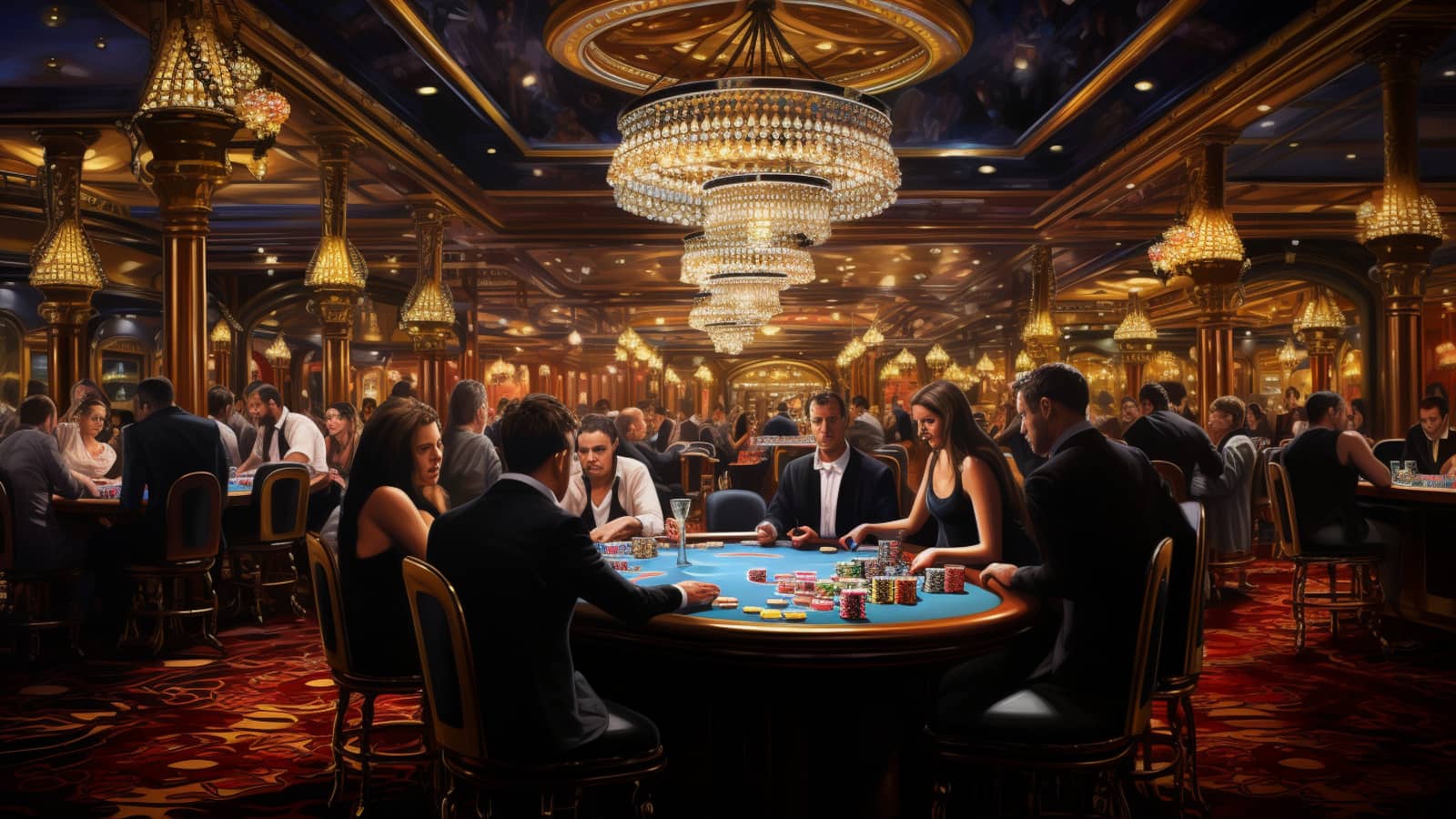 ludzie siedzą przy stole do gry w kasynie