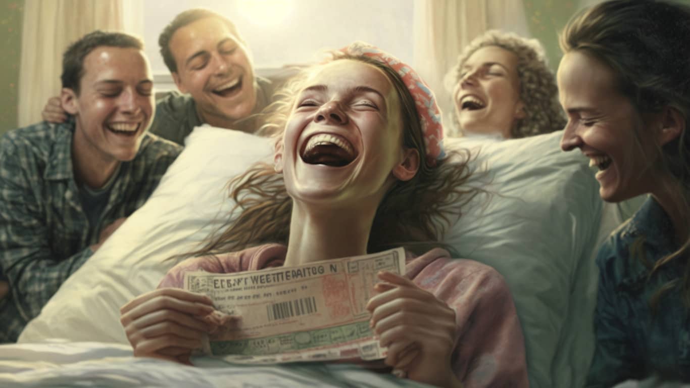 kobieta leży na łózku szpitalnym i cieszy się z wygranej lotto, a wokół jest jej rodzina

