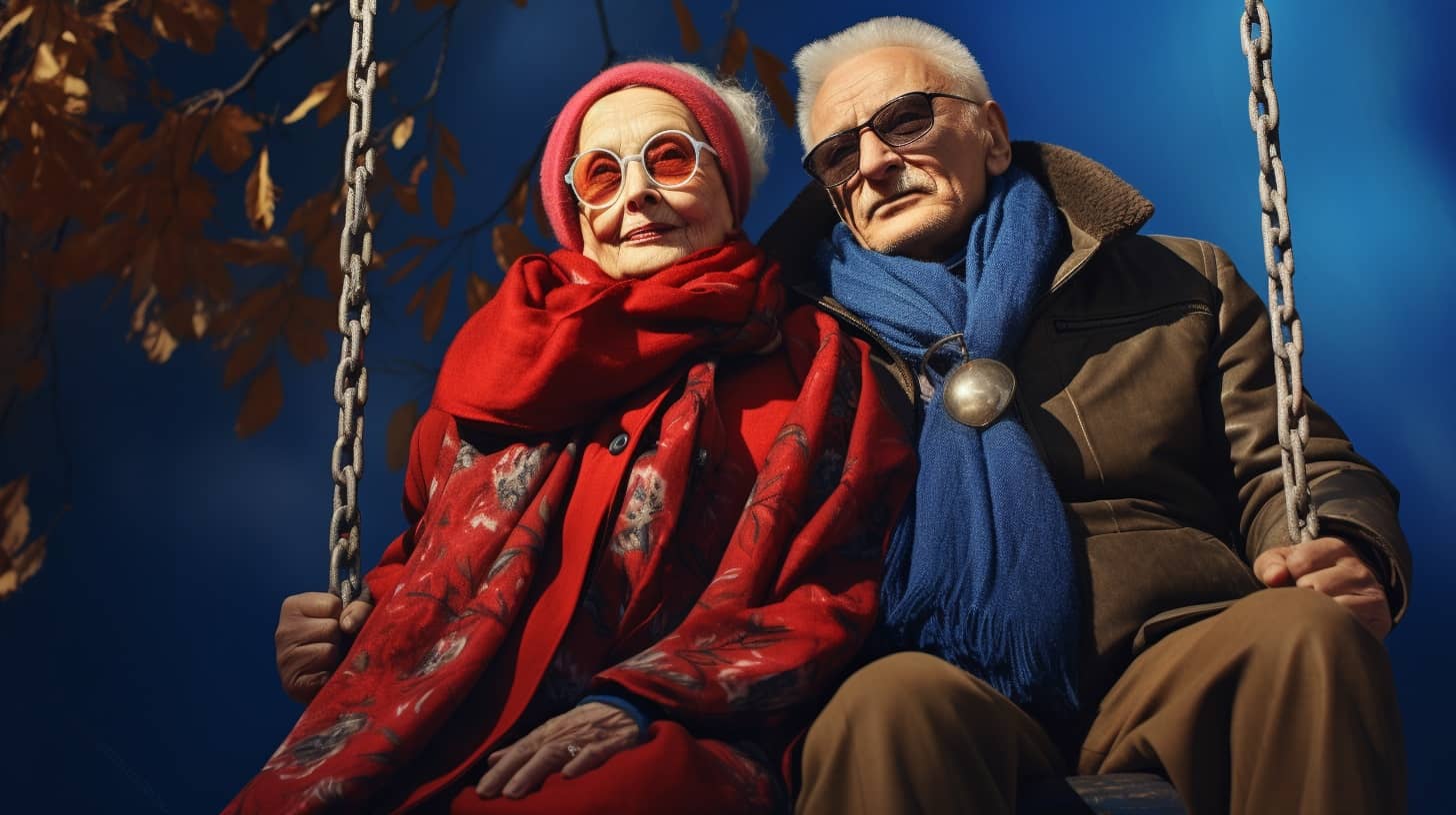 starsza kobieta z czerwonym szalem siedzi na huśtawce, obok jej starszy partner w niebieskiej kurtce
