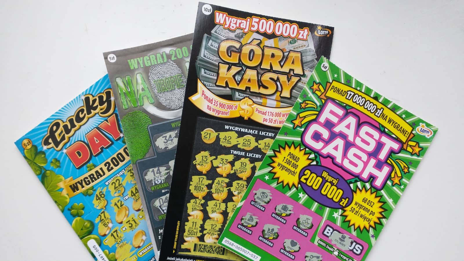 zdrapki firmy lotto: lucky day, na tropie kasy, góra kasy, fast cash