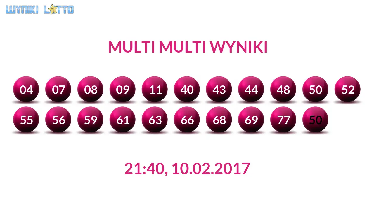 Kulki Multi Multi z wylosowanymi liczbami dnia 10.02.2017 o godz. 21:40