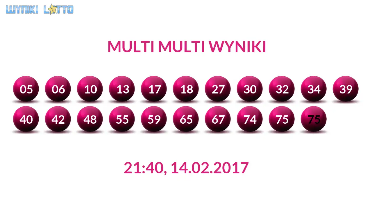 Kulki Multi Multi z wylosowanymi liczbami dnia 14.02.2017 o godz. 21:40