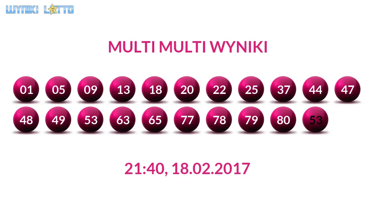 Kulki Multi Multi z wylosowanymi liczbami dnia 18.02.2017 o godz. 21:40