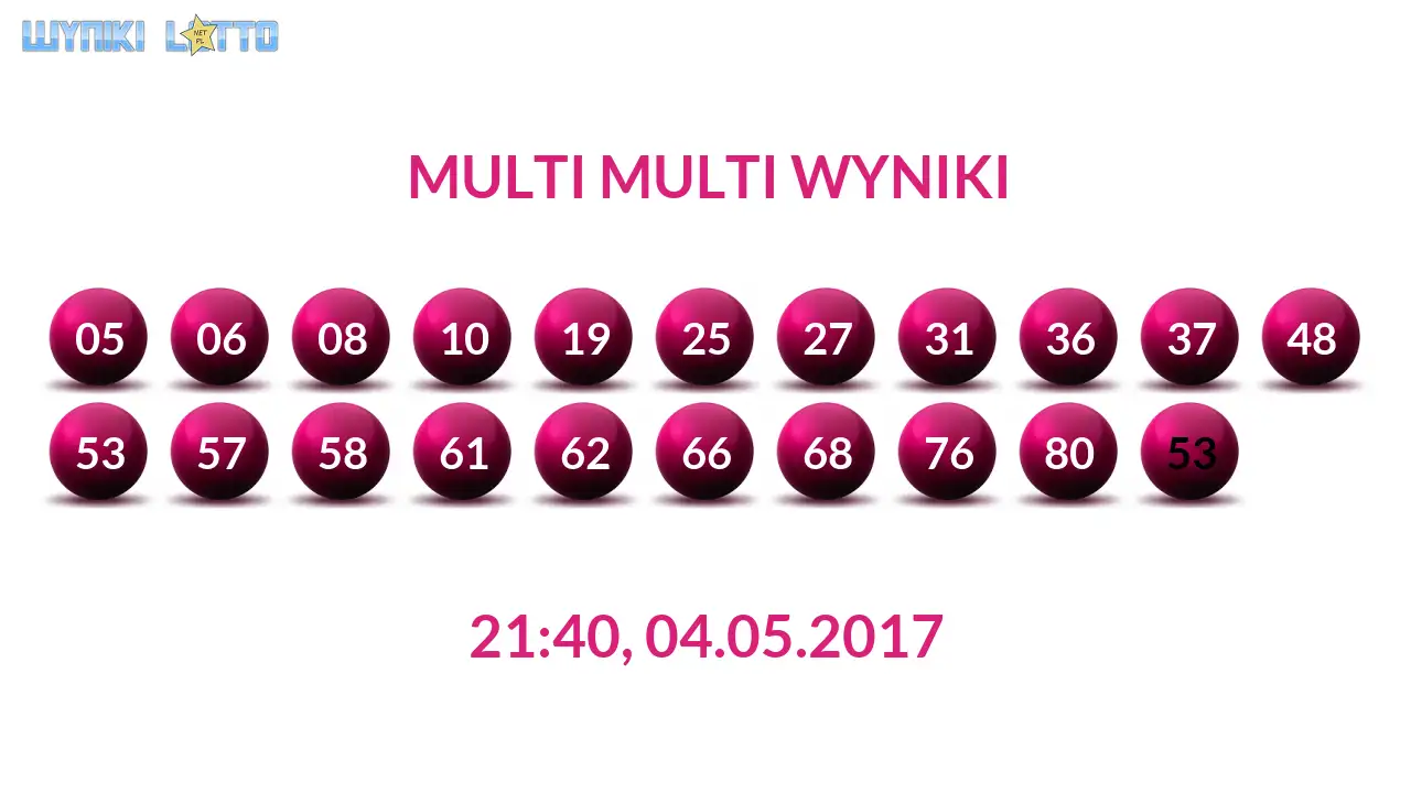 Kulki Multi Multi z wylosowanymi liczbami dnia 04.05.2017 o godz. 21:40