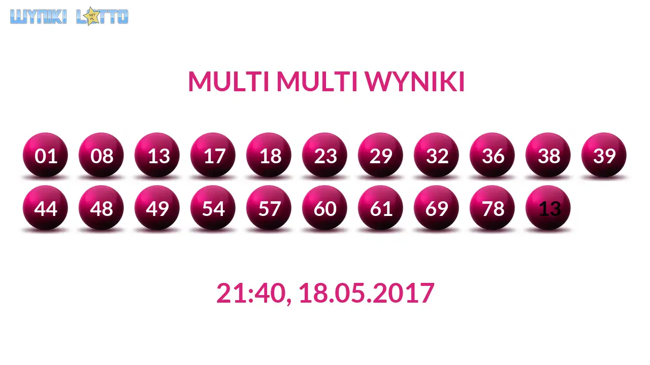 Kulki Multi Multi z wylosowanymi liczbami dnia 18.05.2017 o godz. 21:40