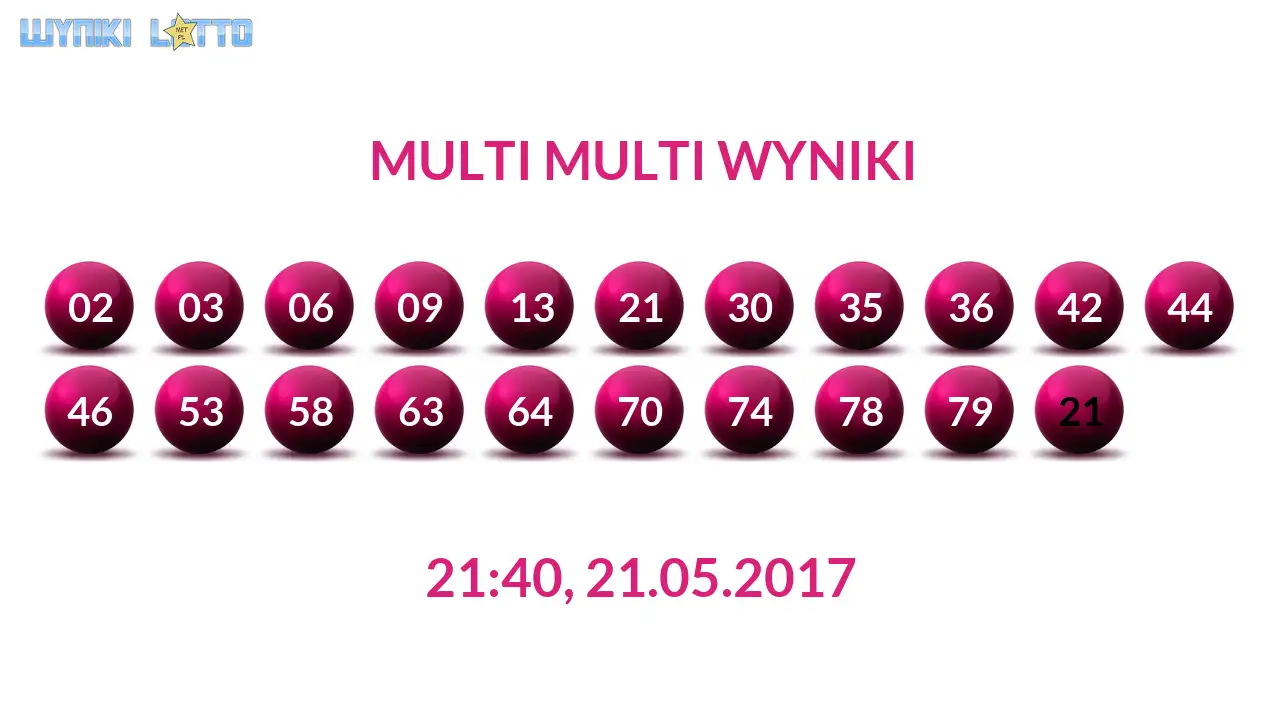 Kulki Multi Multi z wylosowanymi liczbami dnia 21.05.2017 o godz. 21:40