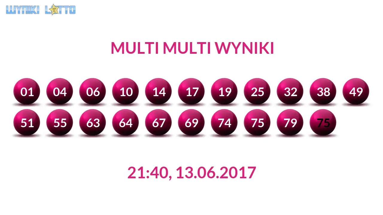 Kulki Multi Multi z wylosowanymi liczbami dnia 13.06.2017 o godz. 21:40