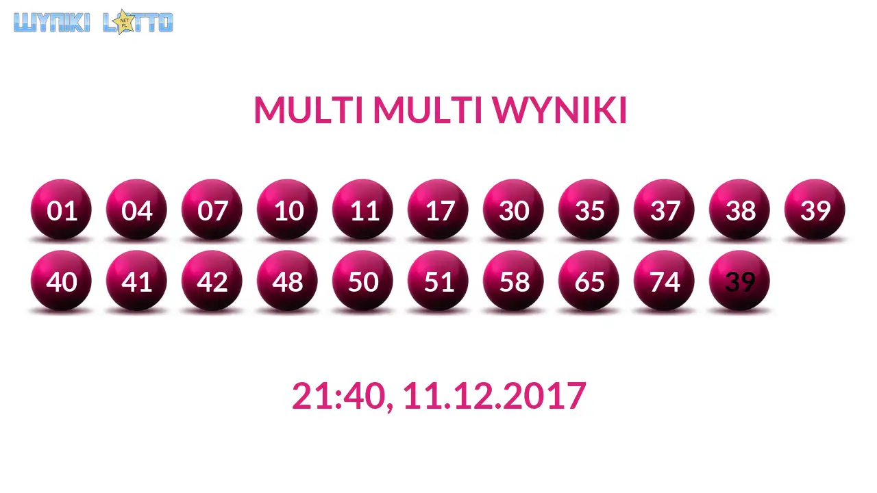 Kulki Multi Multi z wylosowanymi liczbami dnia 11.12.2017 o godz. 21:40