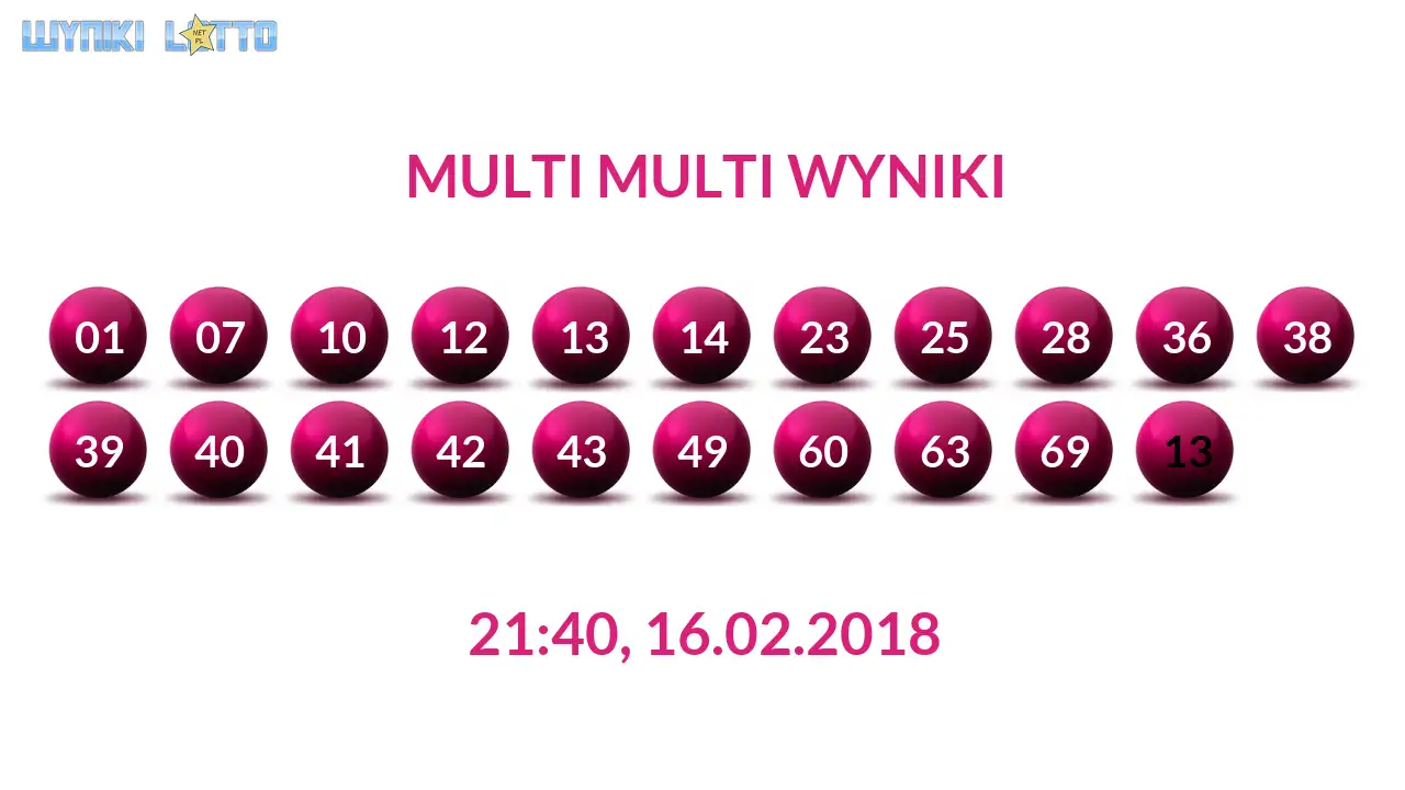 Kulki Multi Multi z wylosowanymi liczbami dnia 16.02.2018 o godz. 21:40