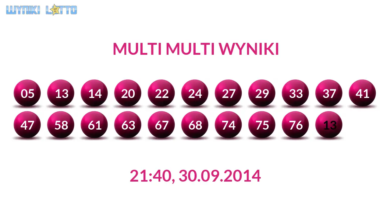Kulki Multi Multi z wylosowanymi liczbami dnia 30.09.2014 o godz. 21:40