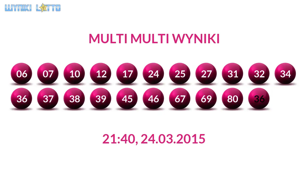 Kulki Multi Multi z wylosowanymi liczbami dnia 24.03.2015 o godz. 21:40