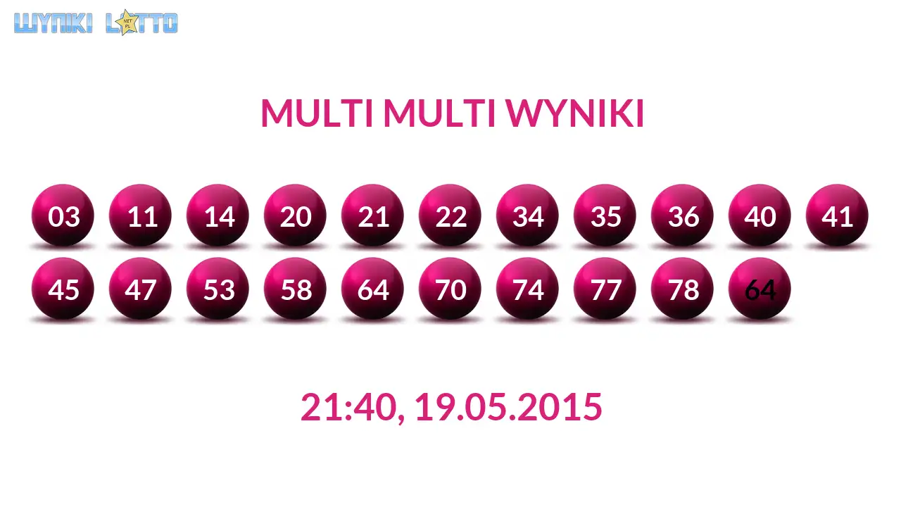 Kulki Multi Multi z wylosowanymi liczbami dnia 19.05.2015 o godz. 21:40