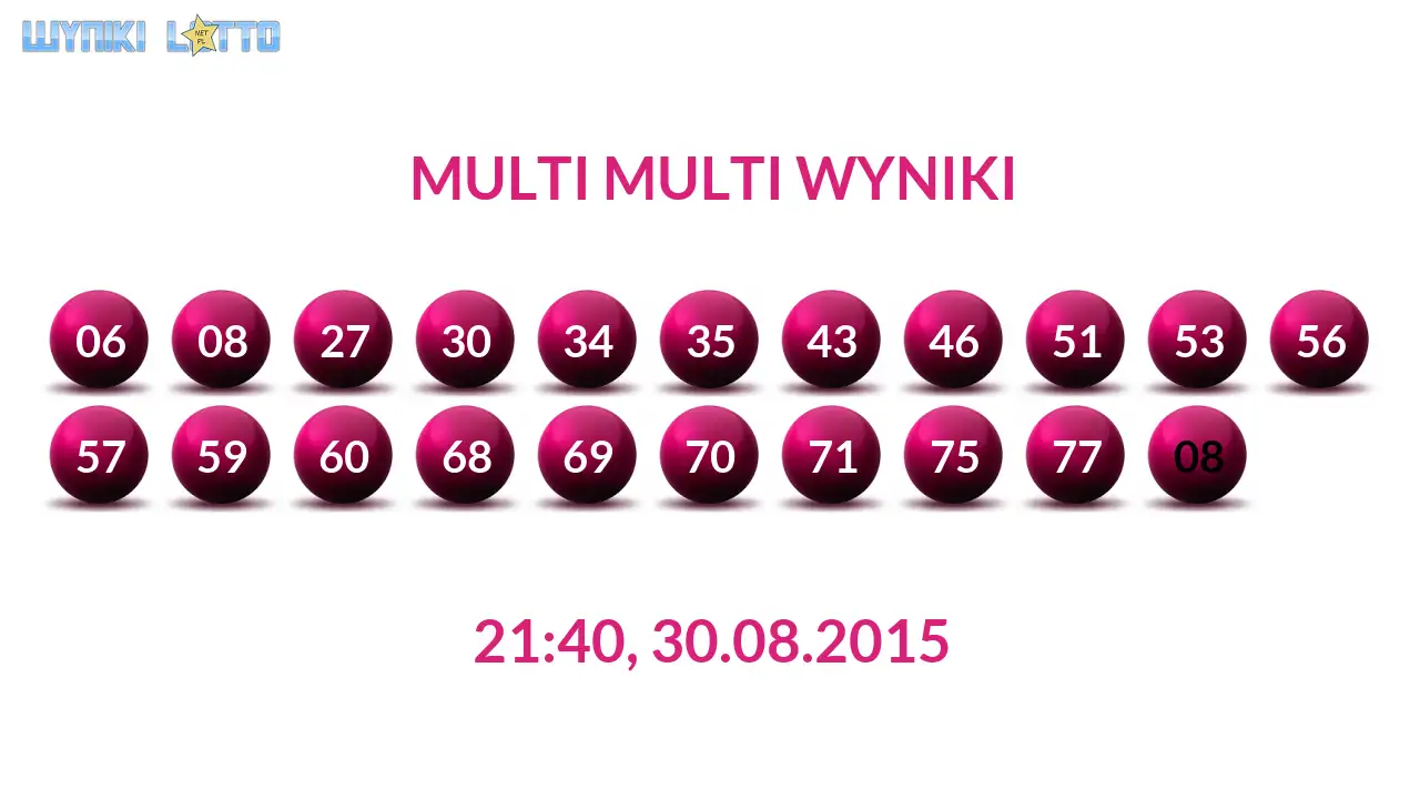 Kulki Multi Multi z wylosowanymi liczbami dnia 30.08.2015 o godz. 21:40