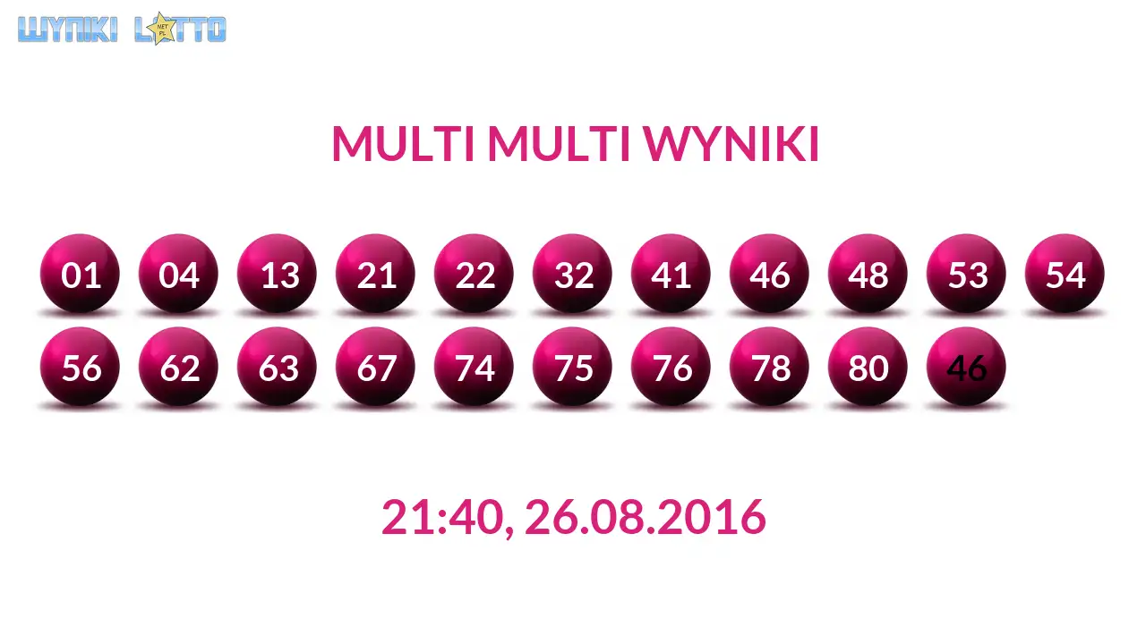 Kulki Multi Multi z wylosowanymi liczbami dnia 26.08.2016 o godz. 21:40