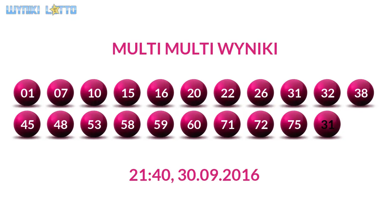 Kulki Multi Multi z wylosowanymi liczbami dnia 30.09.2016 o godz. 21:40