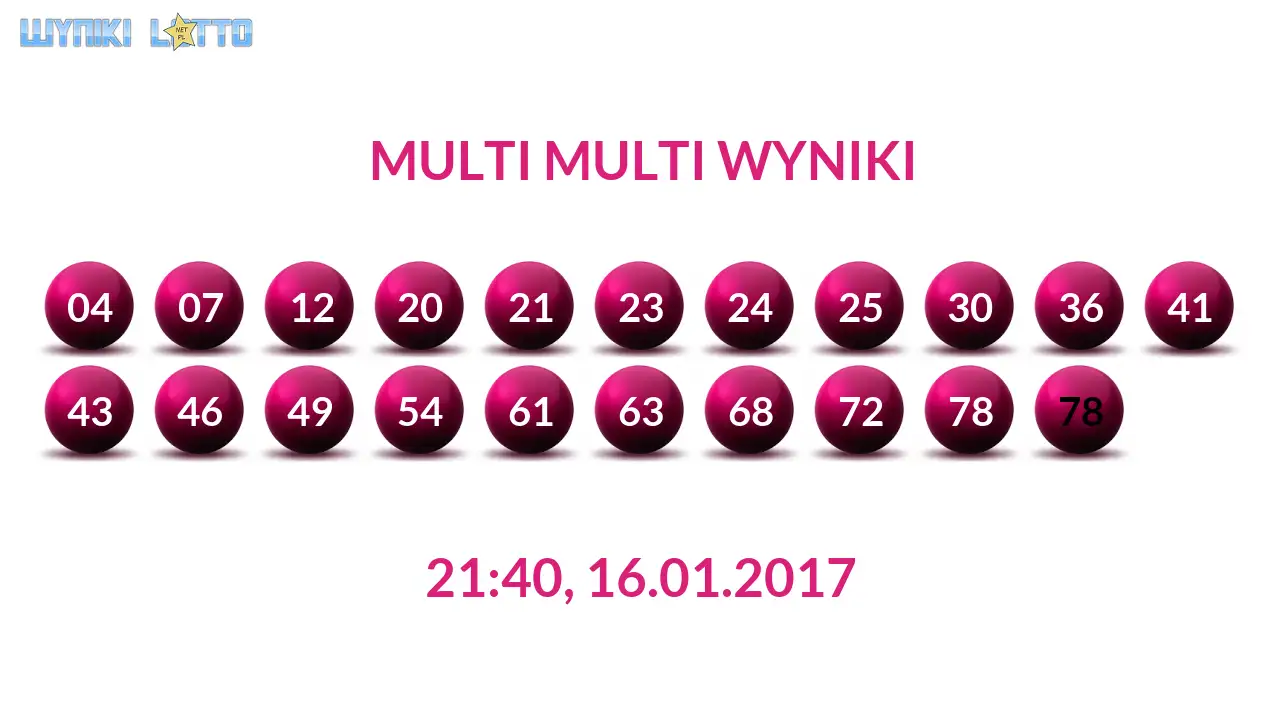 Kulki Multi Multi z wylosowanymi liczbami dnia 16.01.2017 o godz. 21:40