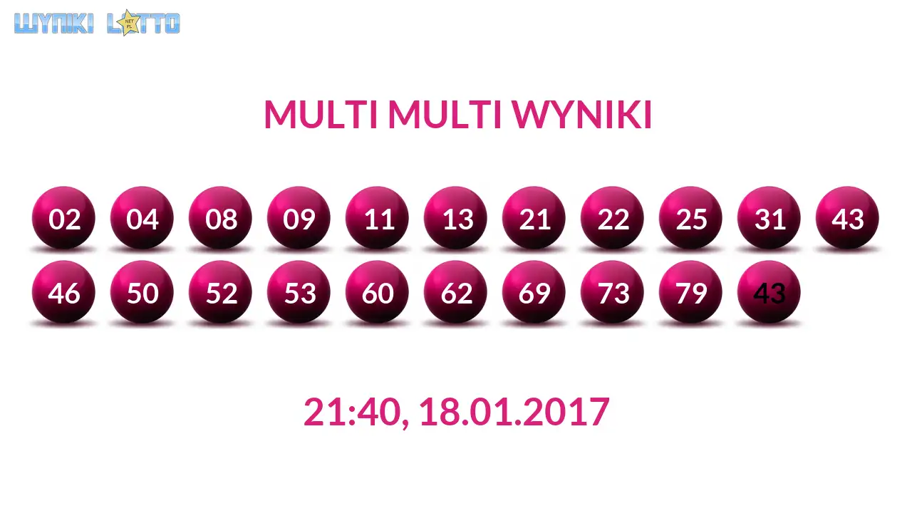 Kulki Multi Multi z wylosowanymi liczbami dnia 18.01.2017 o godz. 21:40