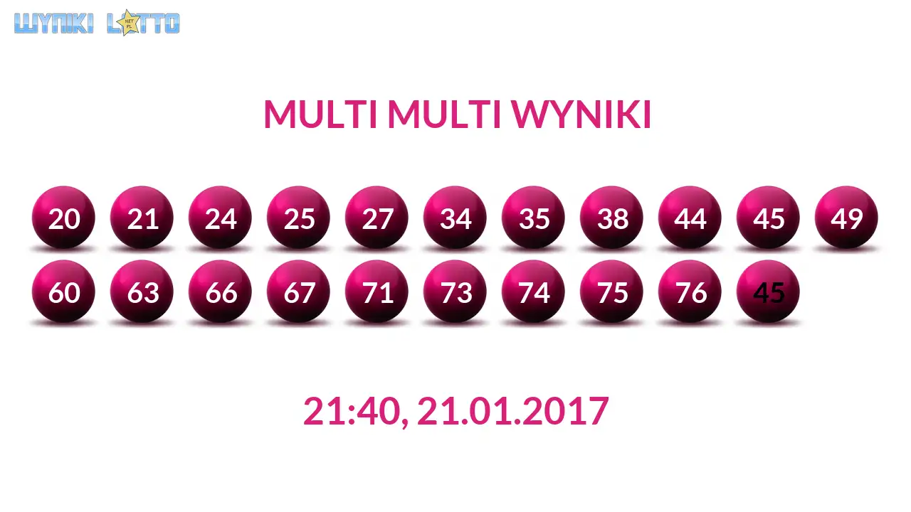 Kulki Multi Multi z wylosowanymi liczbami dnia 21.01.2017 o godz. 21:40