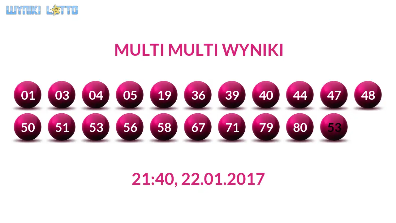 Kulki Multi Multi z wylosowanymi liczbami dnia 22.01.2017 o godz. 21:40