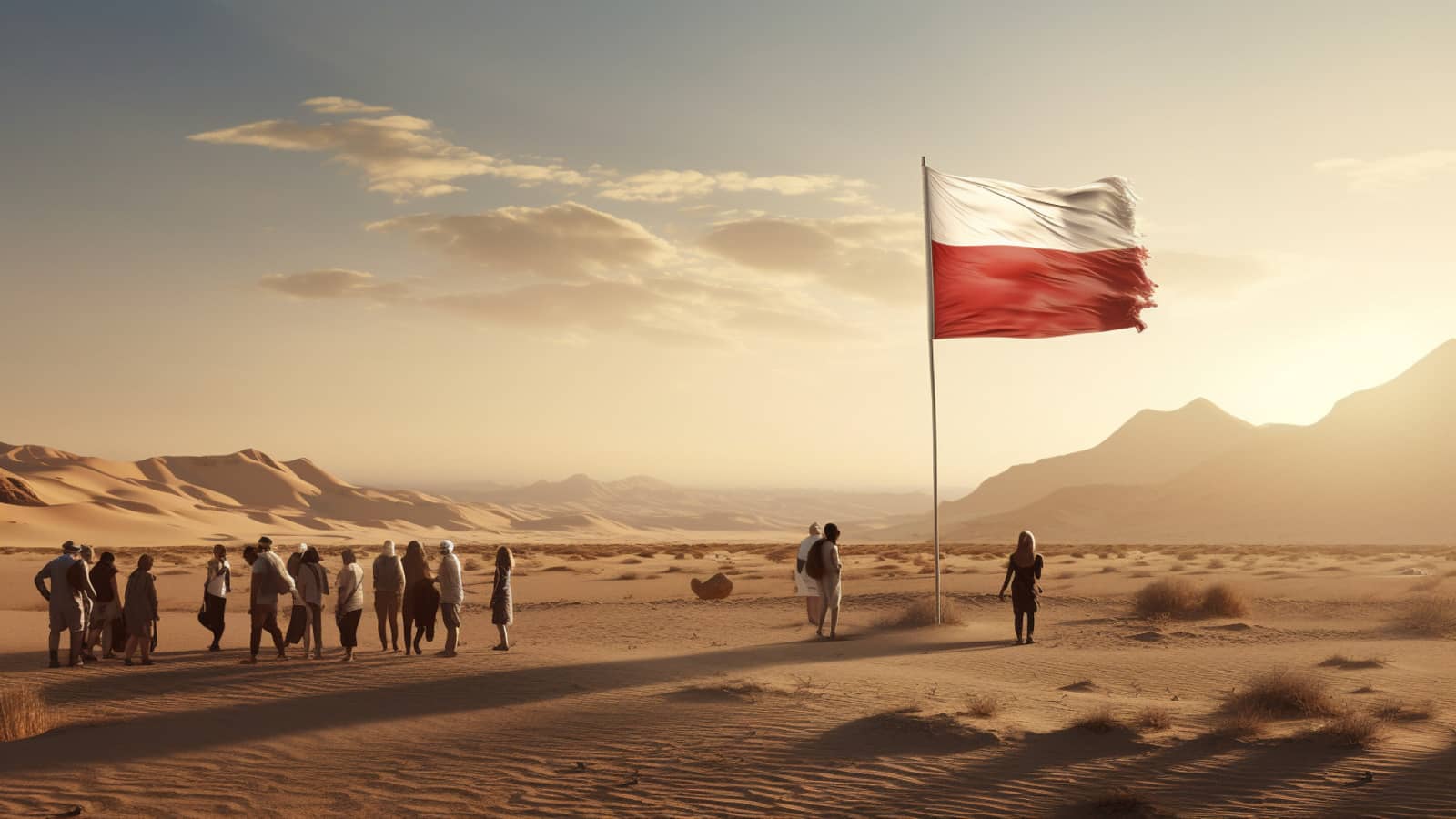 ludzie stojący na afrykańskiej pustyni, a obok flaga Polski