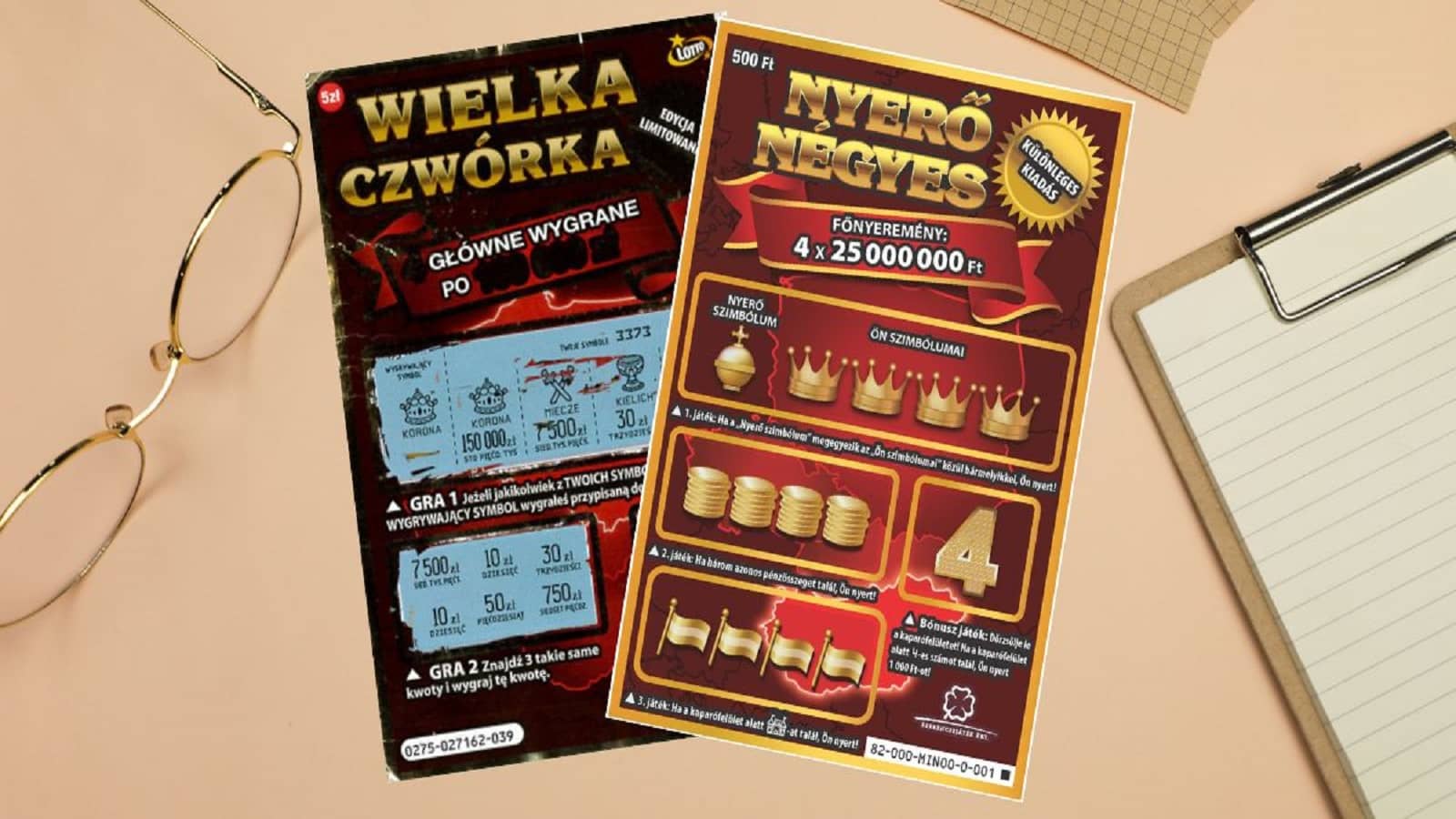 zdrapki lotto Wielka Czwórka wersja polska oraz węgierska na biurku obok okularów i notesu
