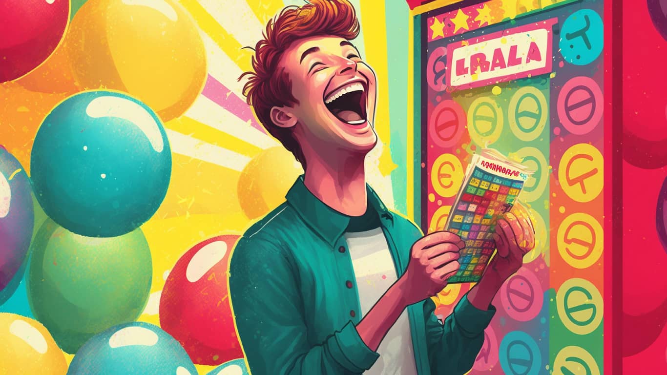 szczęśliwy mężczyzna trzyma w rękach wygrywający kupon z loterii - kolorowy rysunek