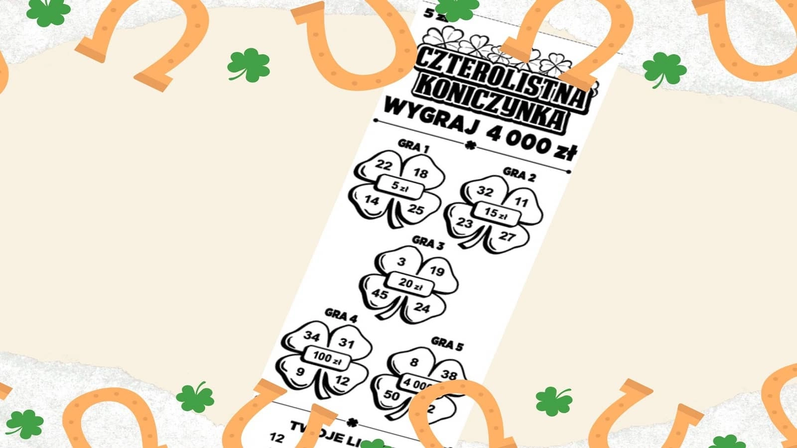 plakat przedstawiający ekspres los Lotto, symbole koniczyny i podkowy 