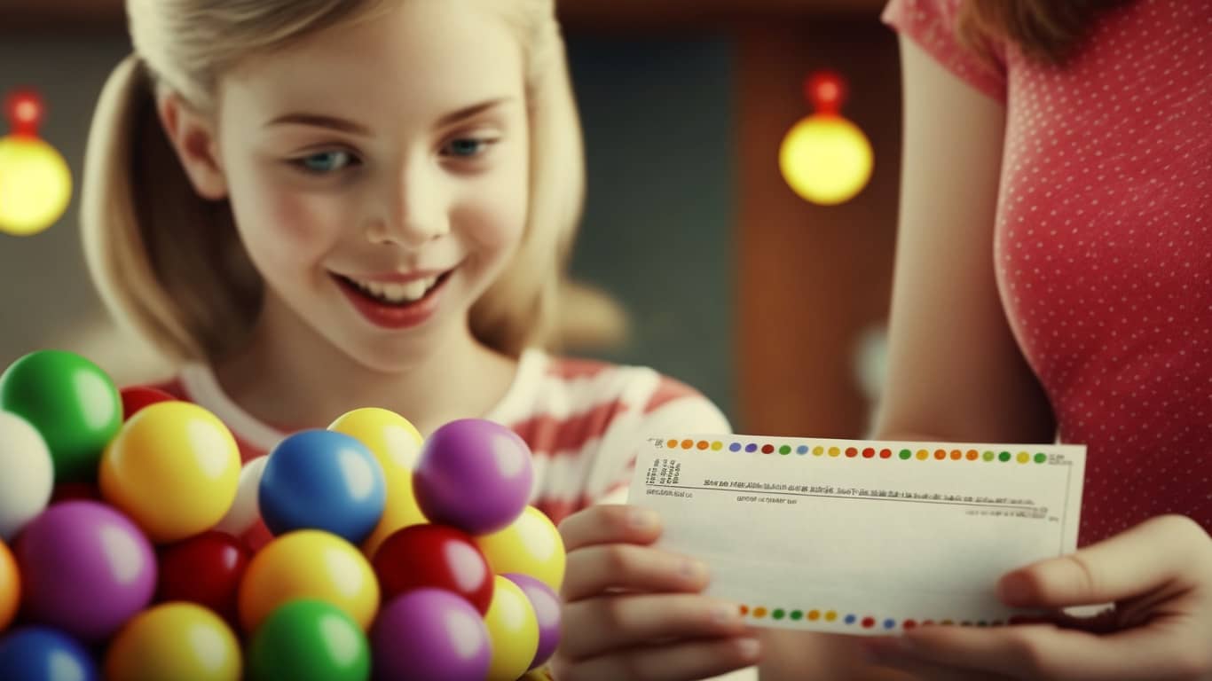 nastolatka przekazuje czek wygrany na loterii swojej mamie, obok leżą kule lotto