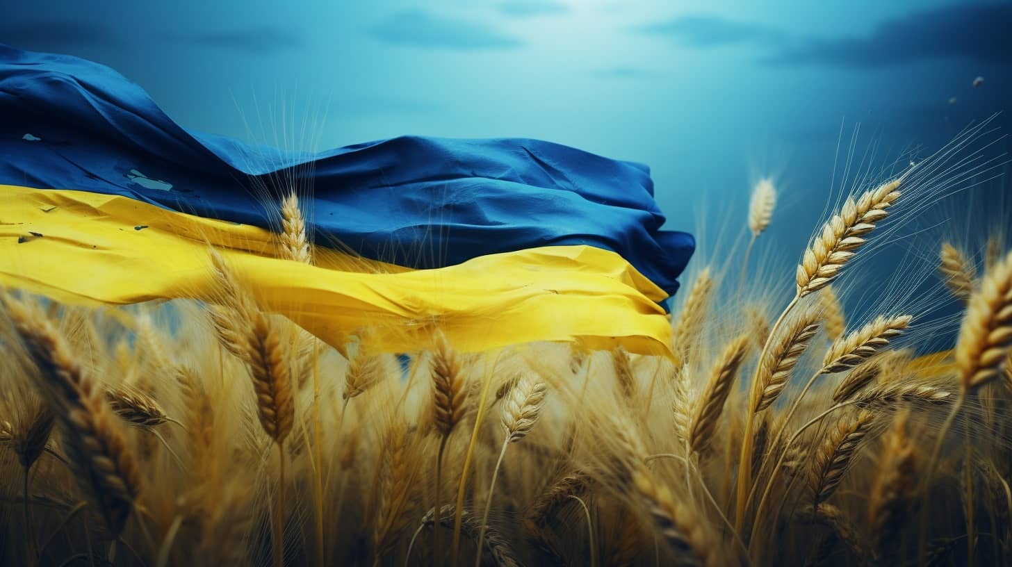 flaga Ukrainy powiewa na polu pszenicy