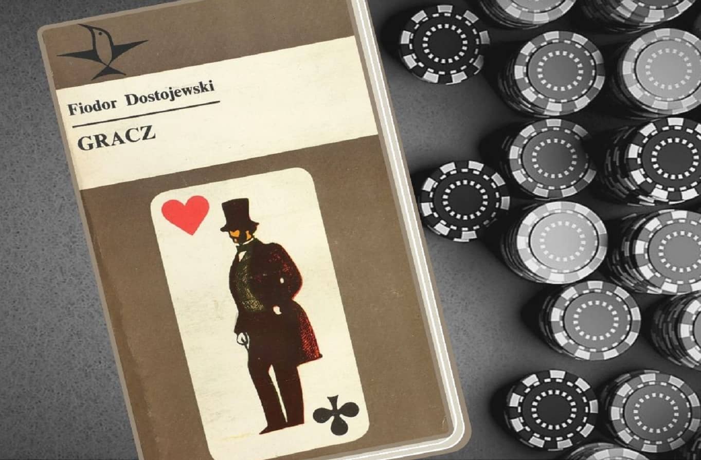 książka Gracz napisana przez Fiodora Dostojewskiego leżąca pośród żetonów kasynowych