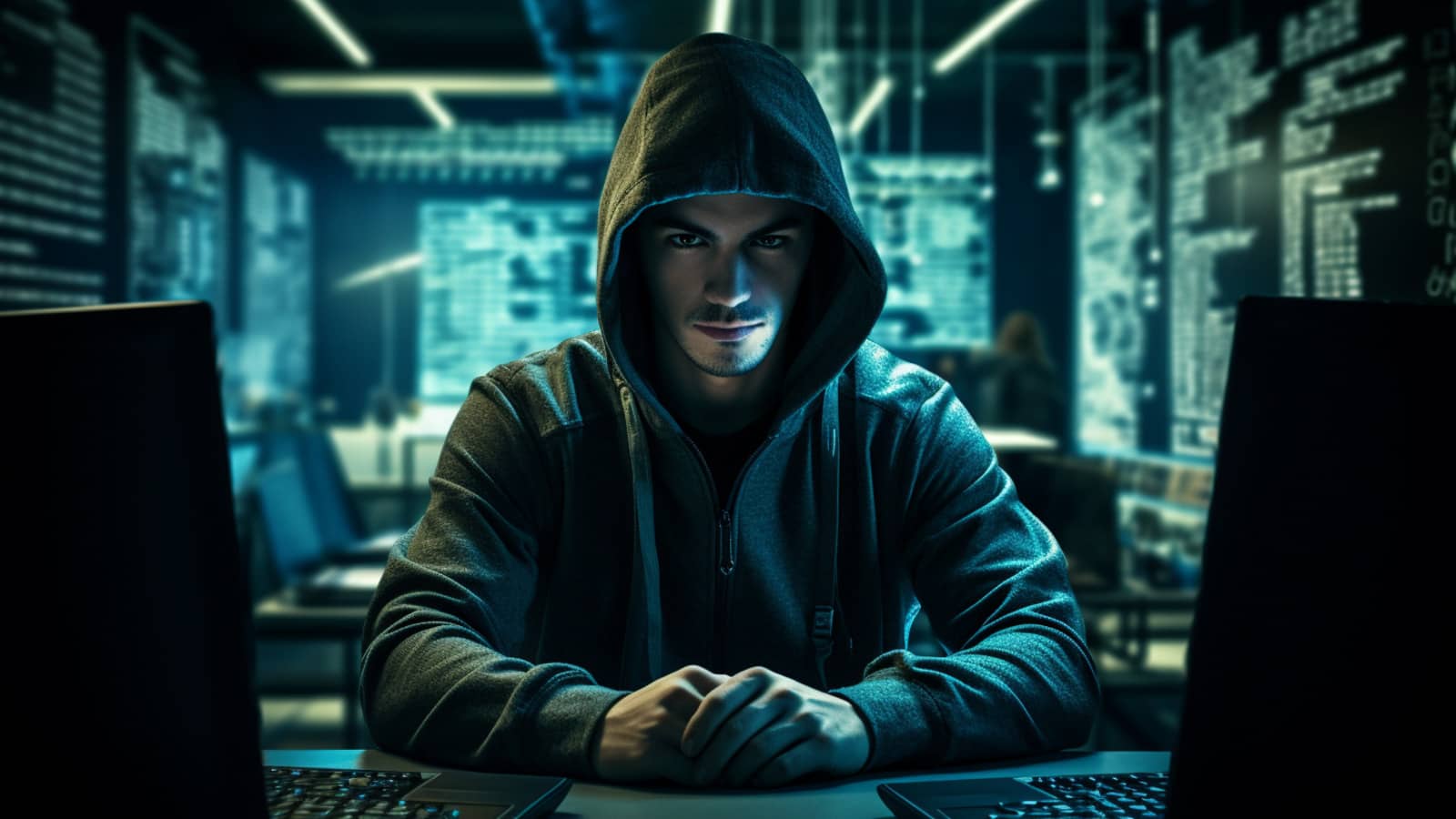 haker siedzi przed monitorami w swoim pokoju