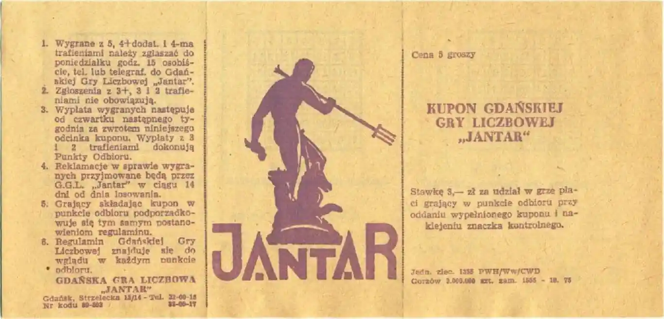 gra liczbowa Jantar - blankiet (1975) awers