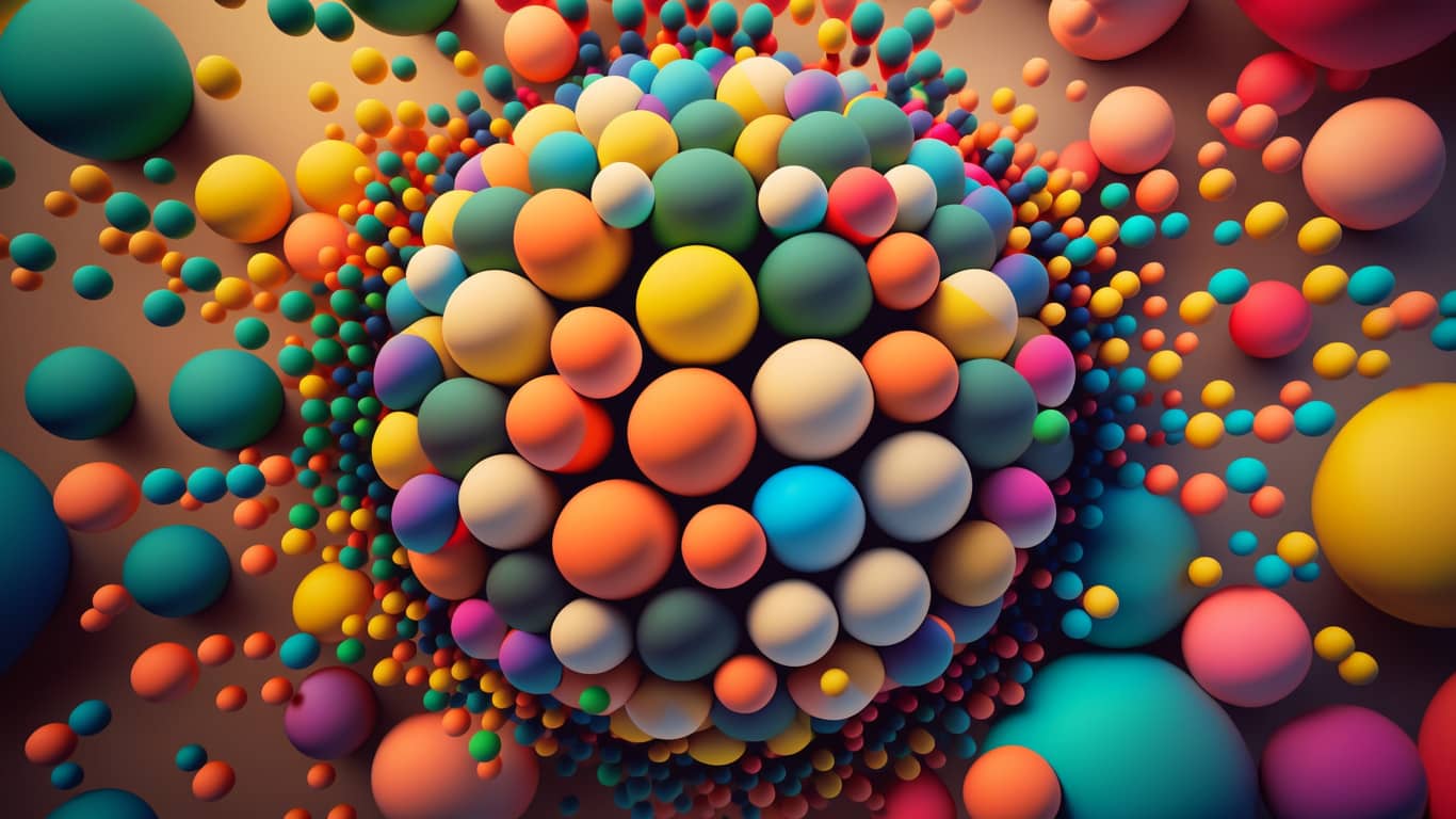 dużo różnej wielkości kolorowych kulek układających się w jedną dużą kulę