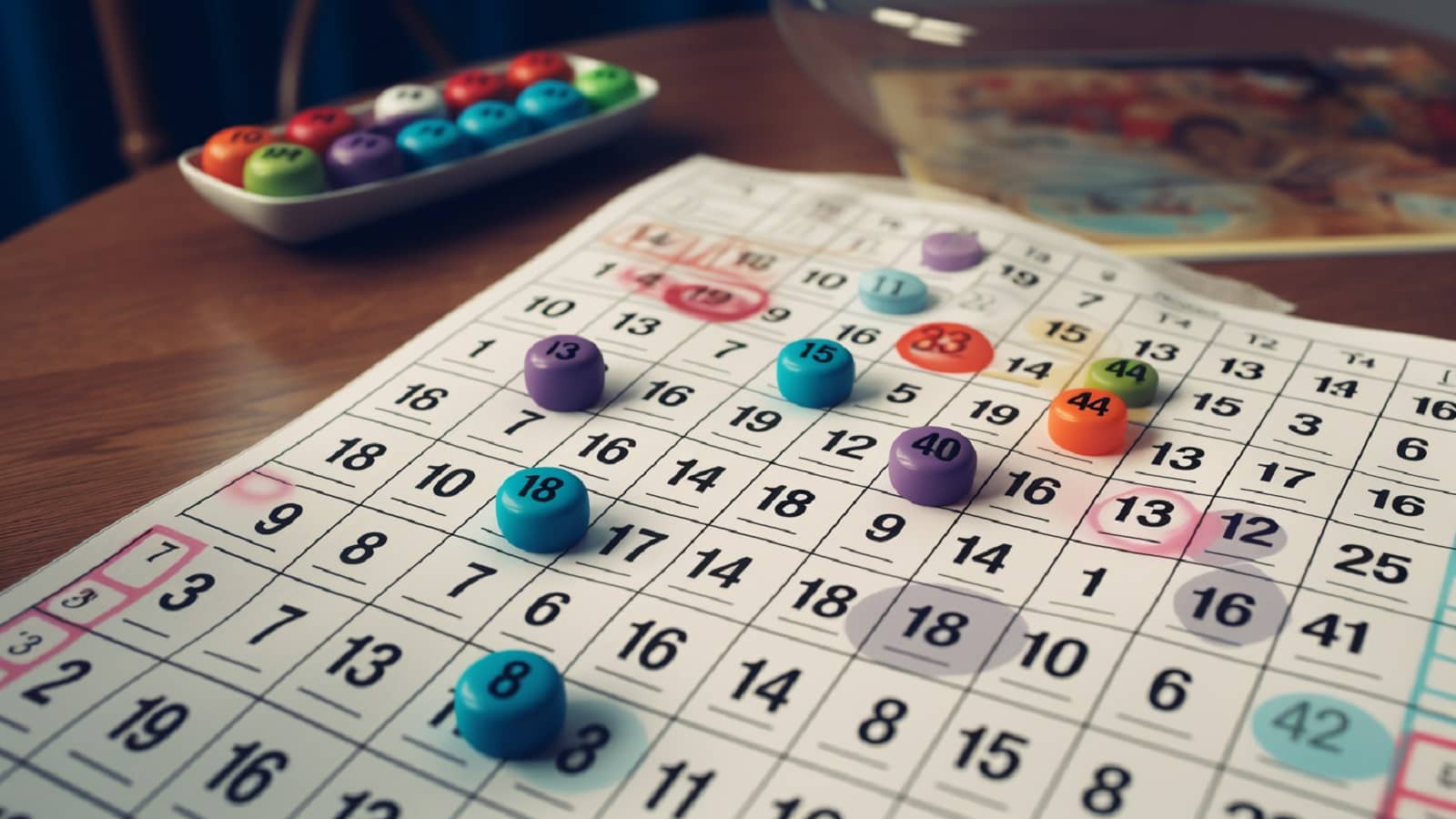 różnokolorowa karta do gry bingo na drewnianym stole wraz z pionkami