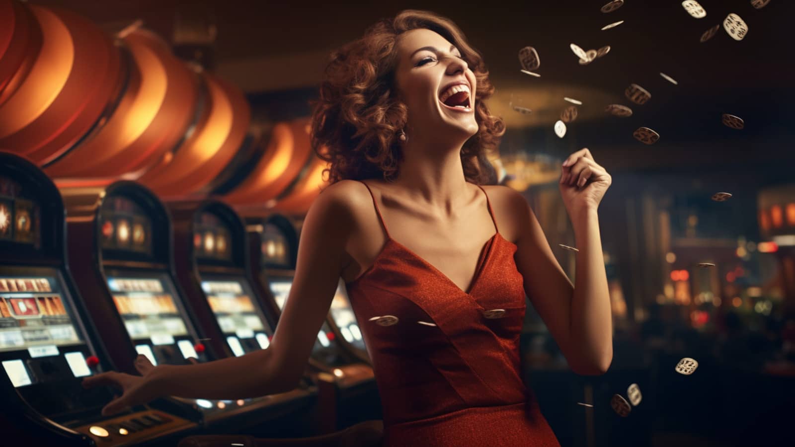 zadowolona kobieta stoi przy maszynie do gry w kasynie