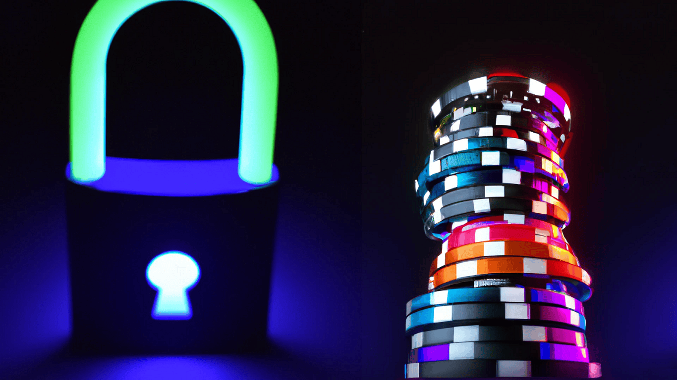futurystyczny neonowy render kłódki oraz żetonów kasynowych