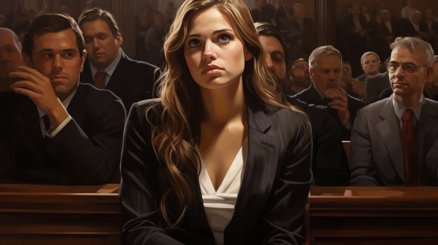 oskarżona kobieta siedząca w ławce sądowej
