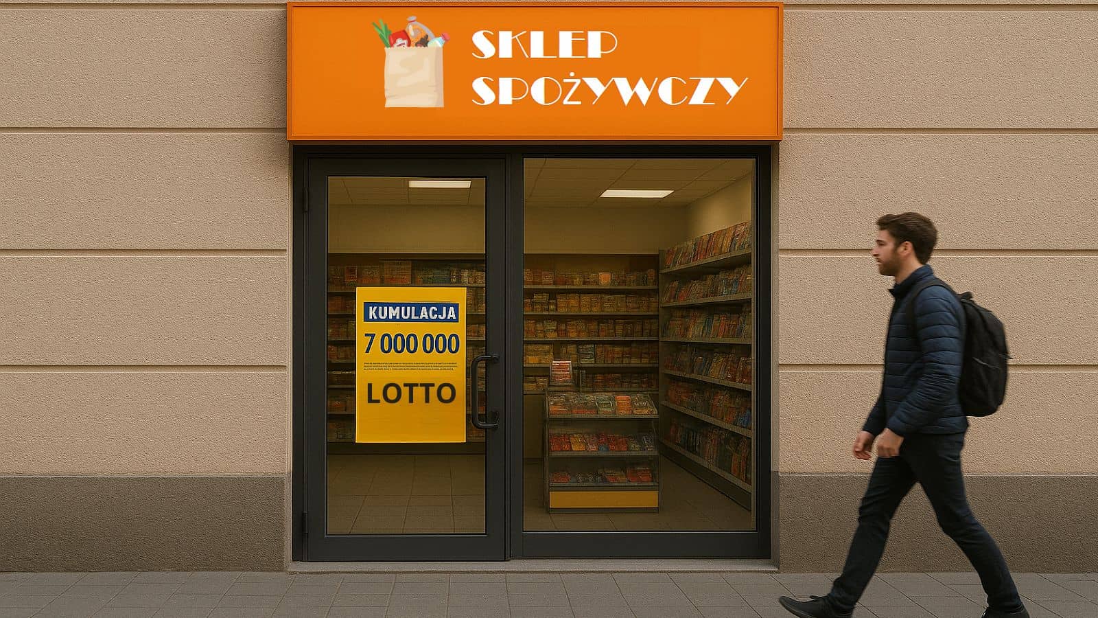 mężczyzna przechodzący przed sklepem spożywczym, w którym mieści się też punkt Lotto