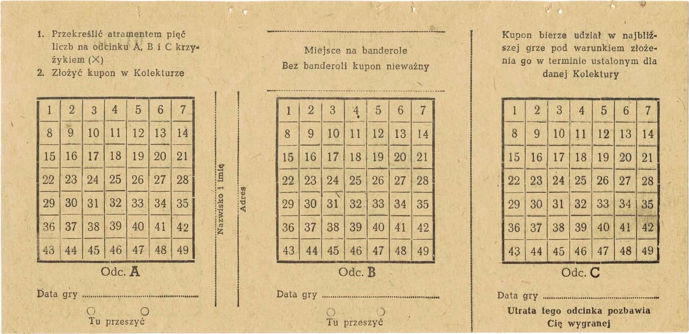 gra liczbowa Koziołki - kupon do skreślania (1971) rewers