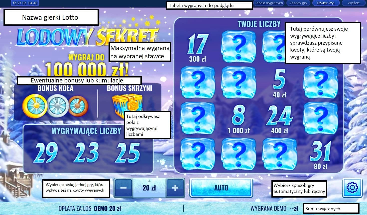 instrukcja obsługi przykładowego ekranu gierki Lotto