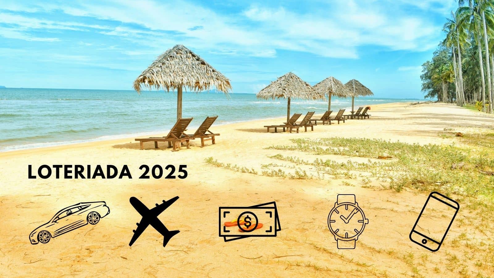 prawdziwa plaża, morze, leżaki oraz ikony nagród: samochód, telefon, pieniądze, telefon