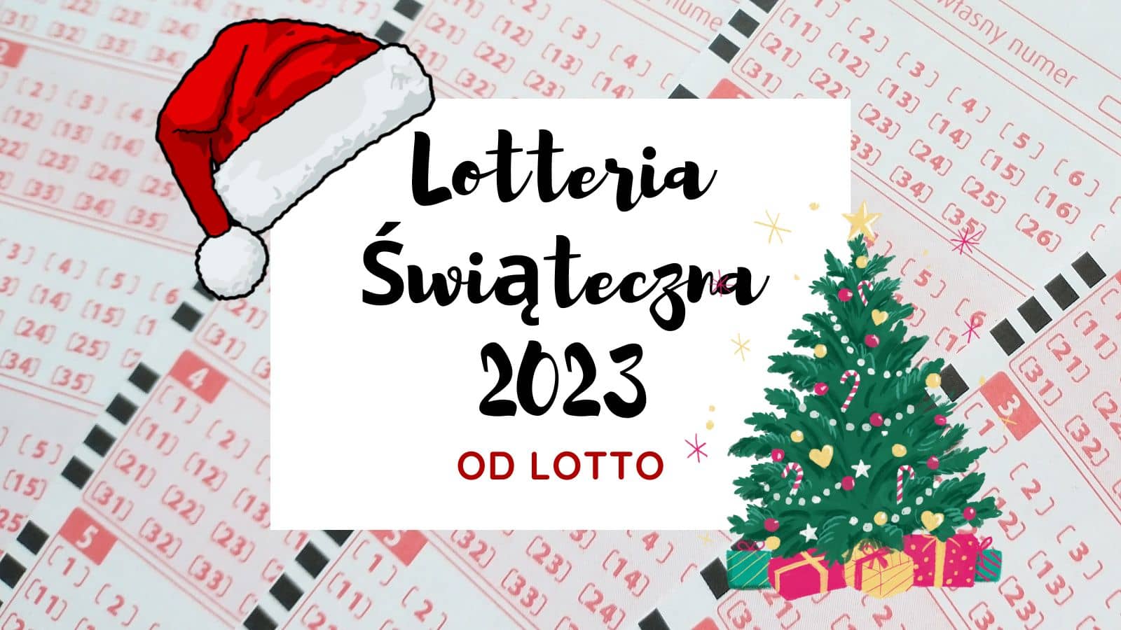 baner świątecznej loterii - czapka mikołaja, choinka, na tle kuponów Lotto