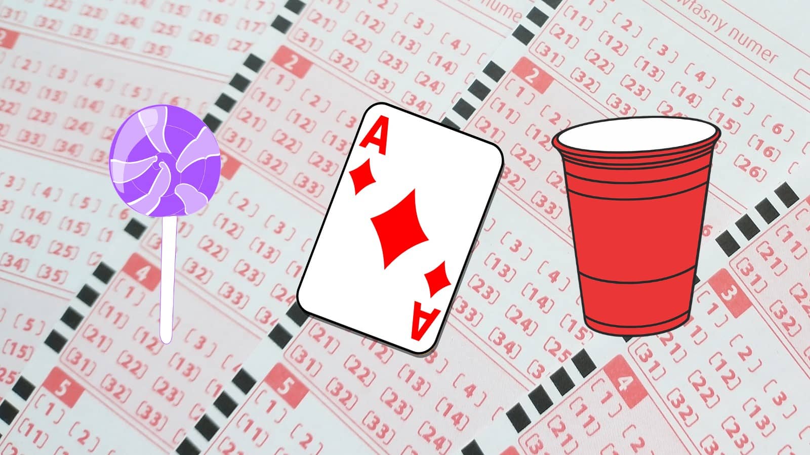 rysunki karty do gry, kubka i lizaka na tle kuponów lotto