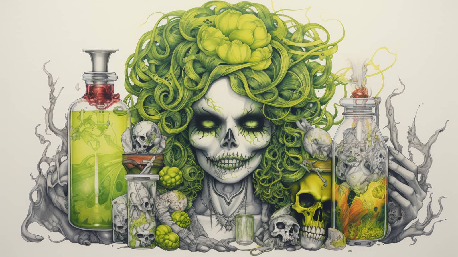 malowidło przedstawiające czaszkę z zielonymi włosami, butelki wypełnione zieloną trucizną