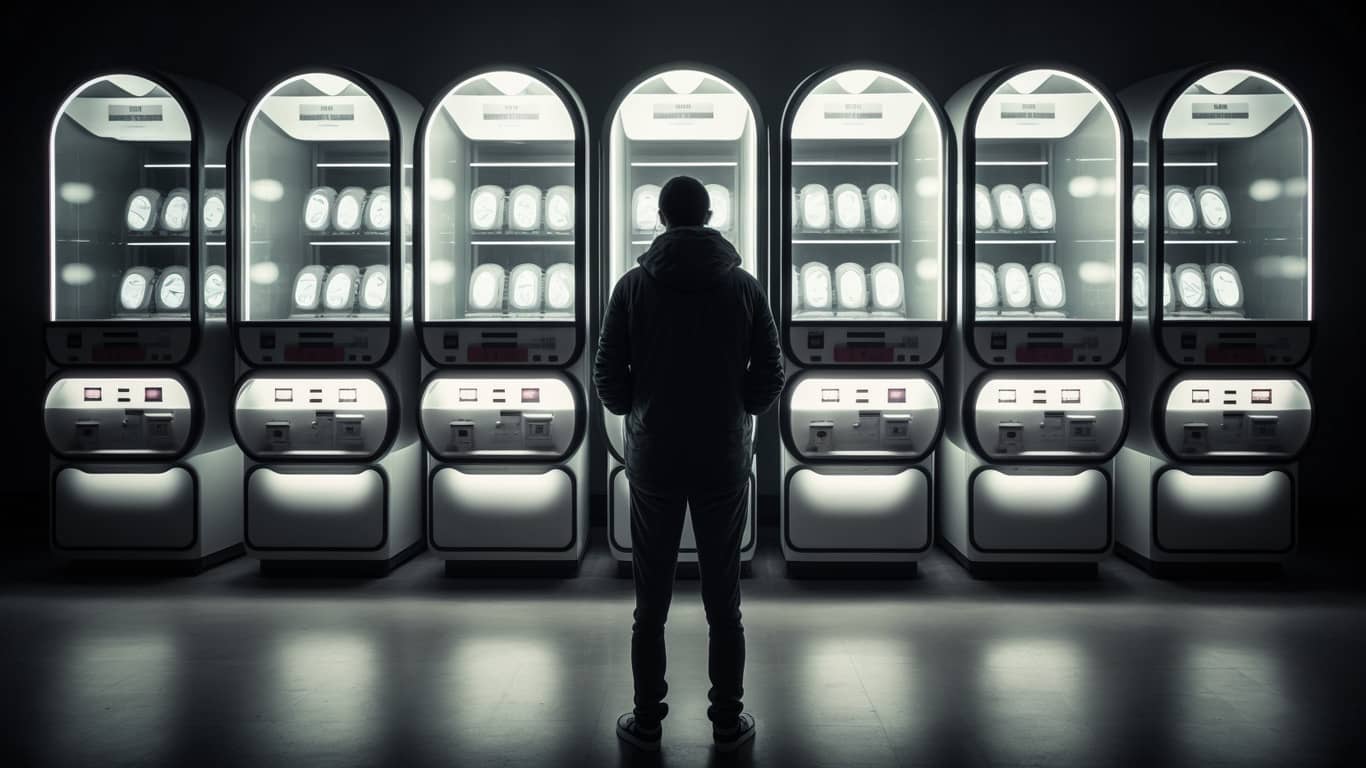 człowiek stojący przed nieczynnymi hazardowymi automatami do gry