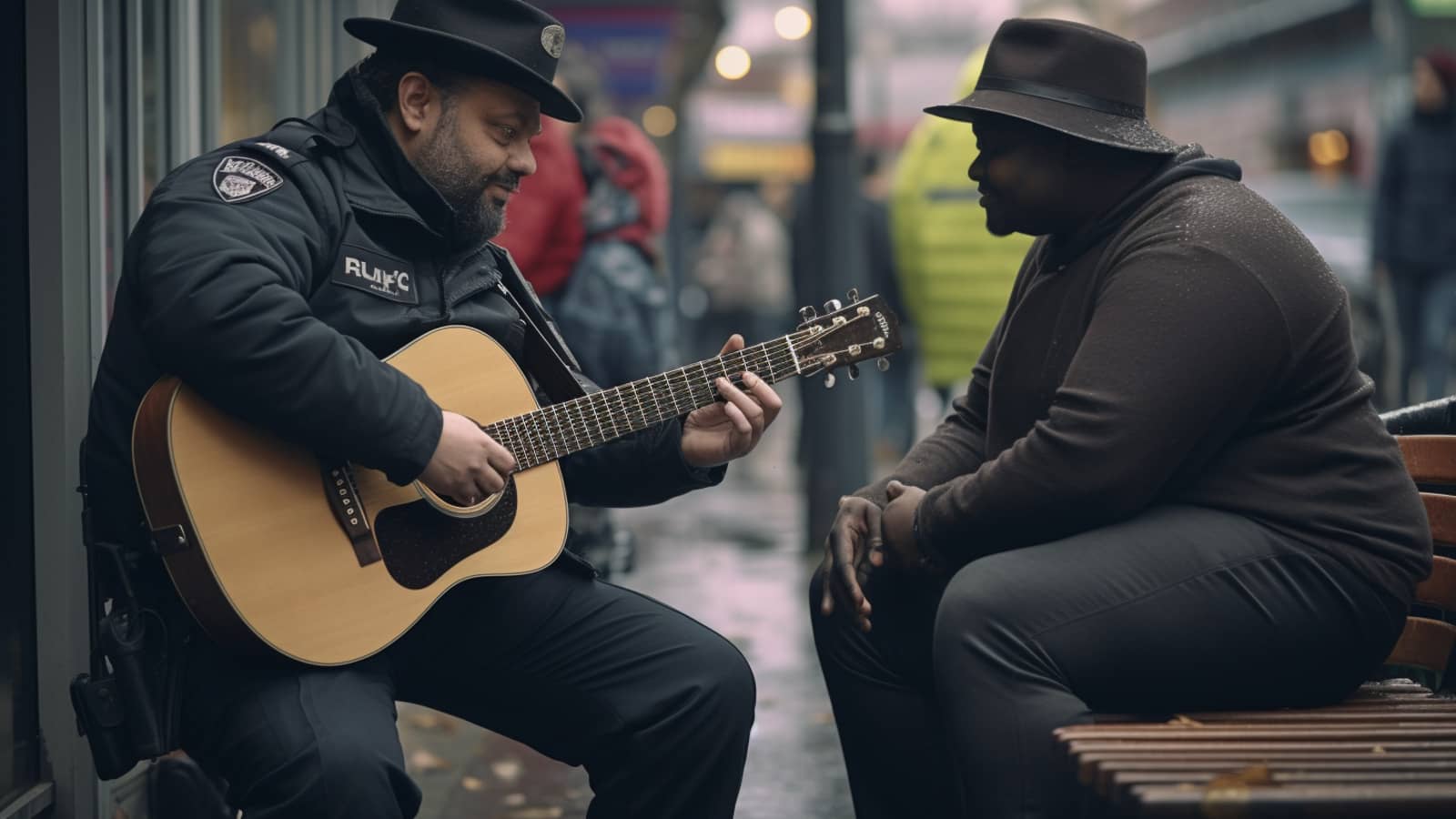 policjan, gitara, muzyk uliczny
