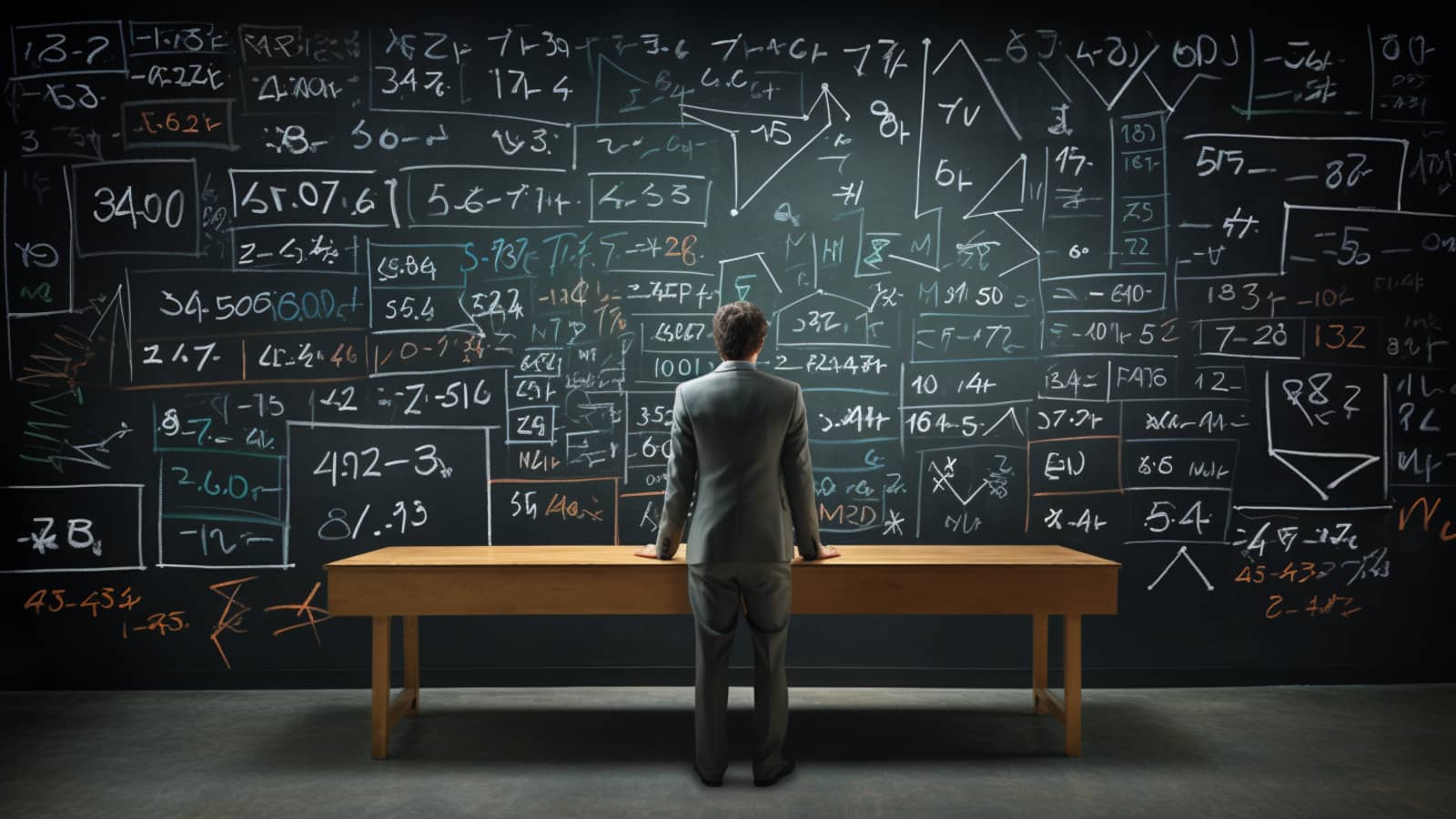 symbole matematyczne i liczby napisane na tablicy, stół, mężczyzna